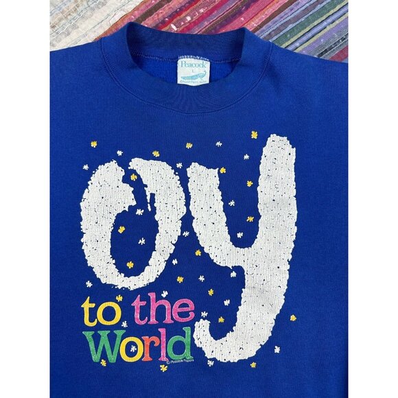 Vtg Oy To The World Sz Large Peacock Papers Pullover Unisex Holiday Sweatshirt - Picture 2 of 9